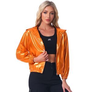 Holographic Party Lightweight Zipper Hooded Metallic Jacket Orange